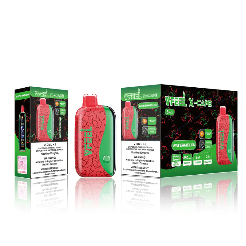 Red Vfeel X-Cape vape device with green packaging on a white background
