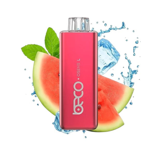 Pink vape device with watermelon slices and ice cubes on a white background