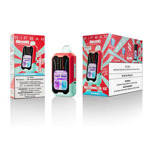 Rifbar vape device with watermelon ice flavor packaging on a white background