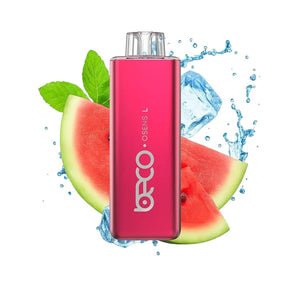 Pink vape device with 'OREO' branding surrounded by watermelon slices and ice cubes on a white background