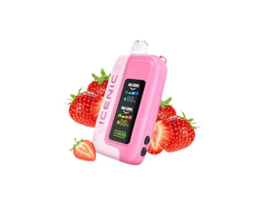 Pink electronic device with 'ICENIC' branding surrounded by strawberries on a white background